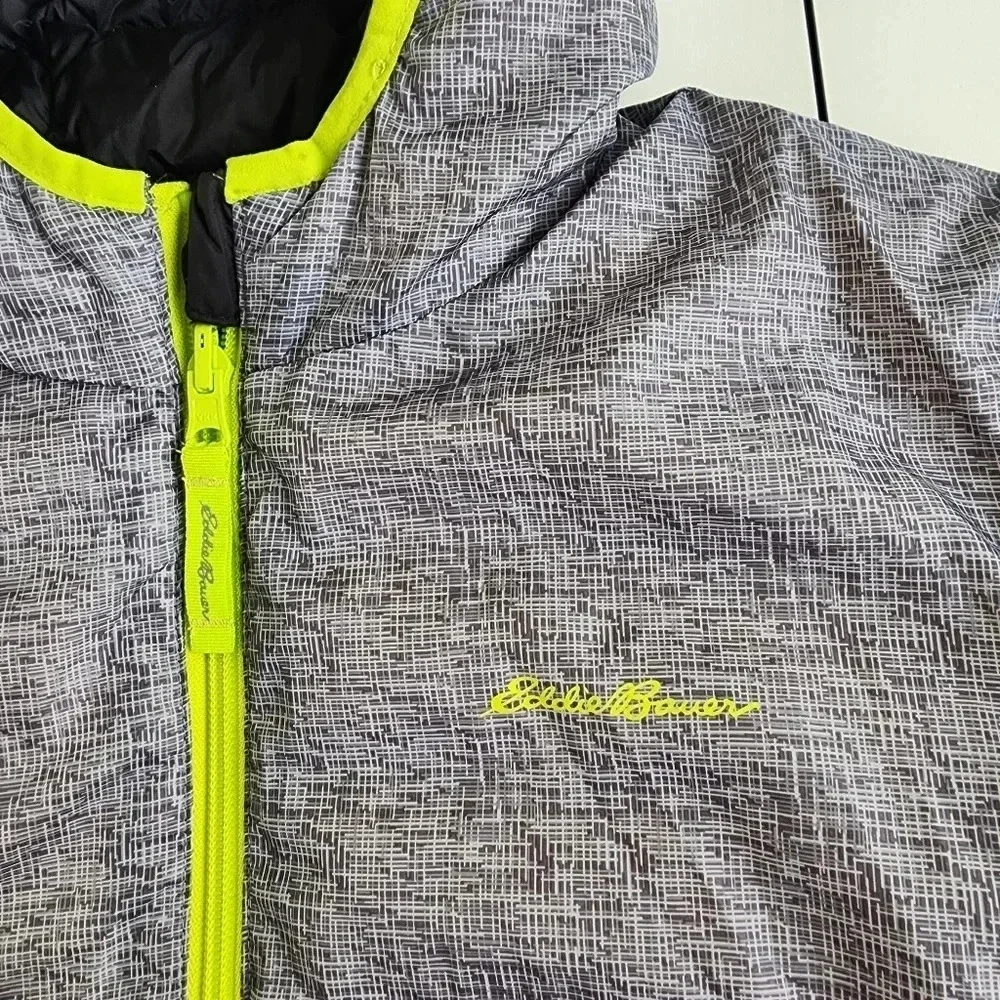 Eddie Bauer Reversible Jacket Boys Black Gray Green Puffer Hooded Down L (14)